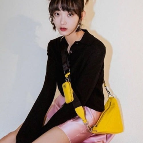 프라다 가죽 트라이앵글 숄더백 옐로우 (이유미,박지후,아이린 외 착용)