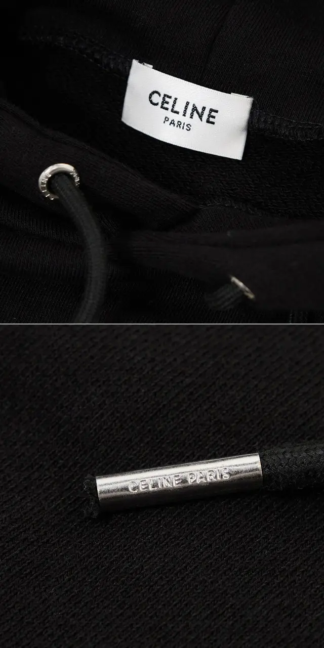 셀린느 옐로우 로고 루즈 후디 블랙 판매 제품 실사