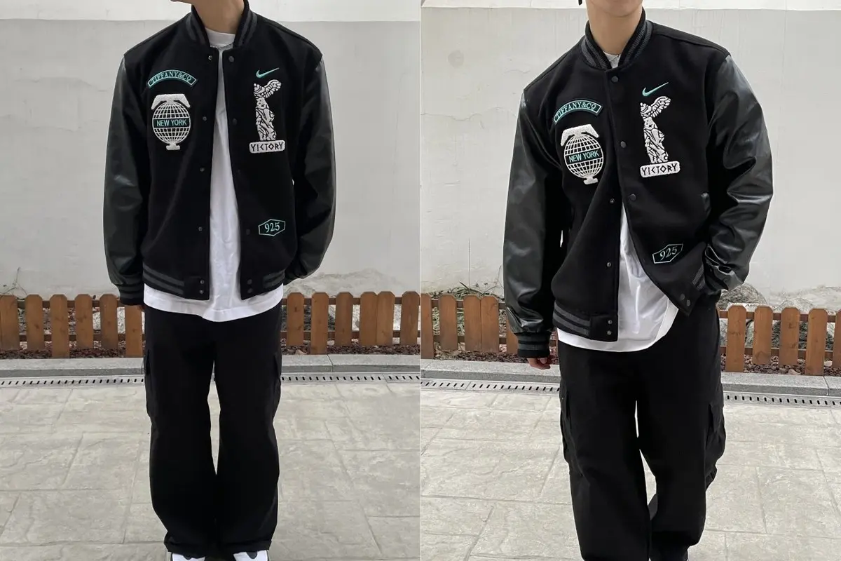 나이키 x 티파니 바시티 자켓 블랙 판매 제품 실사