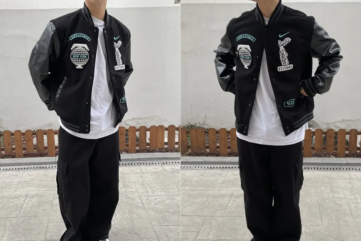 나이키 x 티파니 바시티 자켓 블랙 판매 제품 실사