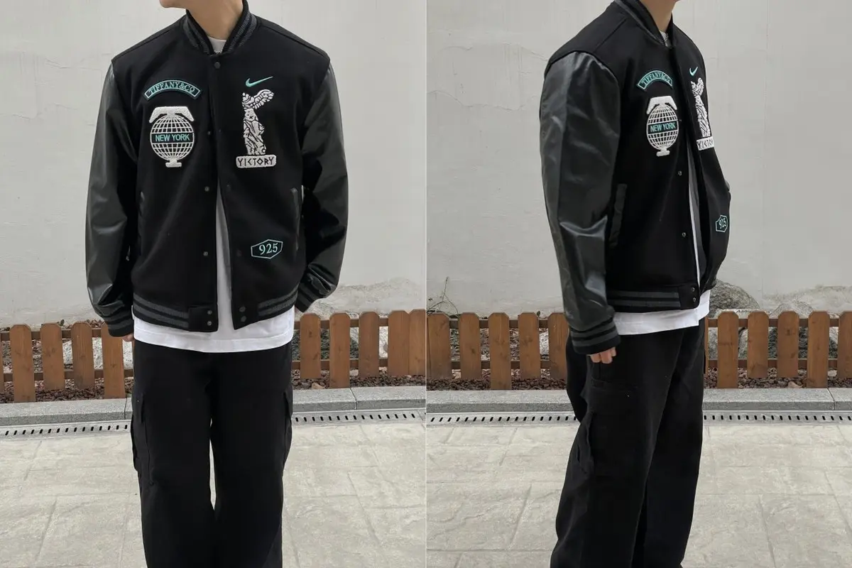 나이키 x 티파니 바시티 자켓 블랙 판매 제품 실사